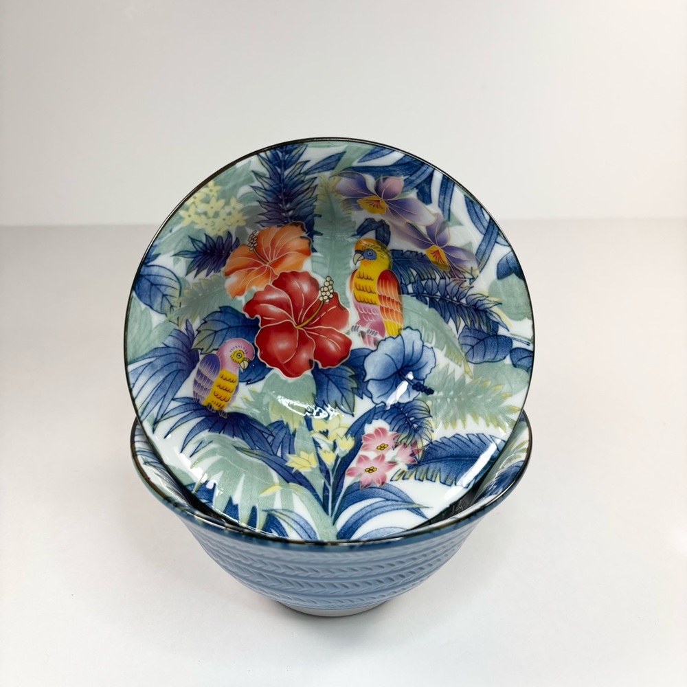 Chinese Contemporary Colorful rice Bowl Hibiscus Orchids Parrots Set Of 2